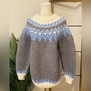 Cozy Grey, Cream & Soft Blue Nordic, Fair Isle Style Hand Knit Sweater